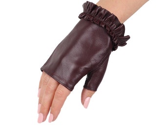 Stylish fingerless gloves, summer gloves, fingerless mittens, burgundy soft nappa lamb leather