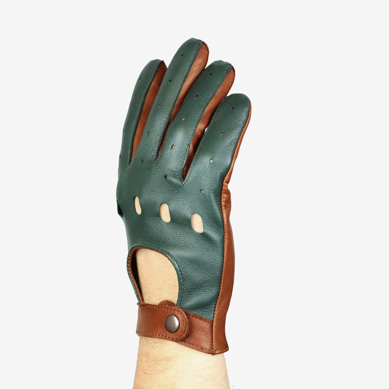 Men's car driving gloves, soft Italian nappa lamb leather, light brown with green color mix driving gloves image 2