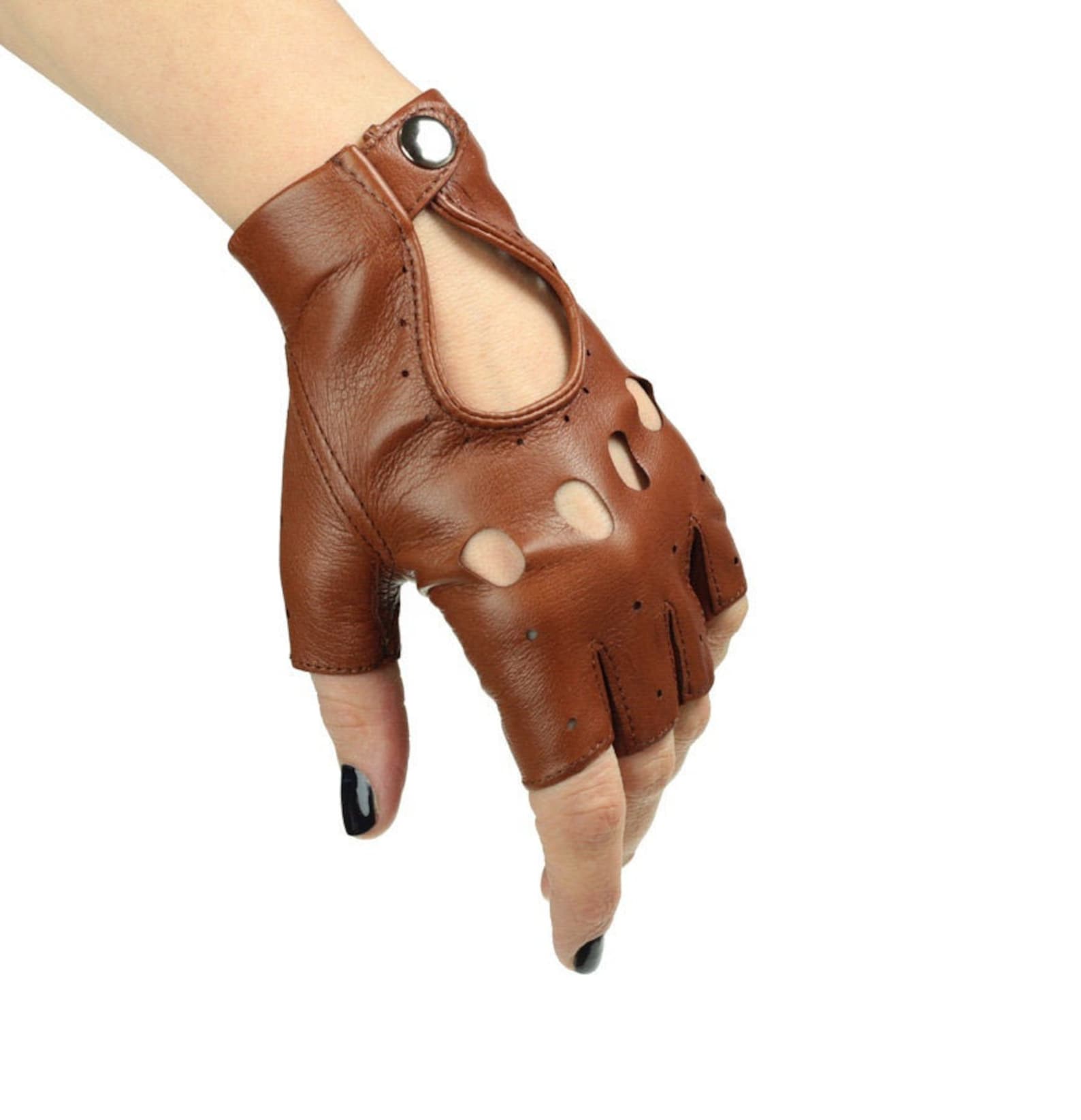 Fingerless Light Brown, Cognac Leather Gloves, Driving Gloves, Cycling