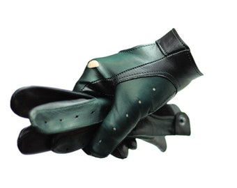 Men's car driving gloves, soft Italian nappa lamb leather, British Racing Green gloves, black and dark green gloves