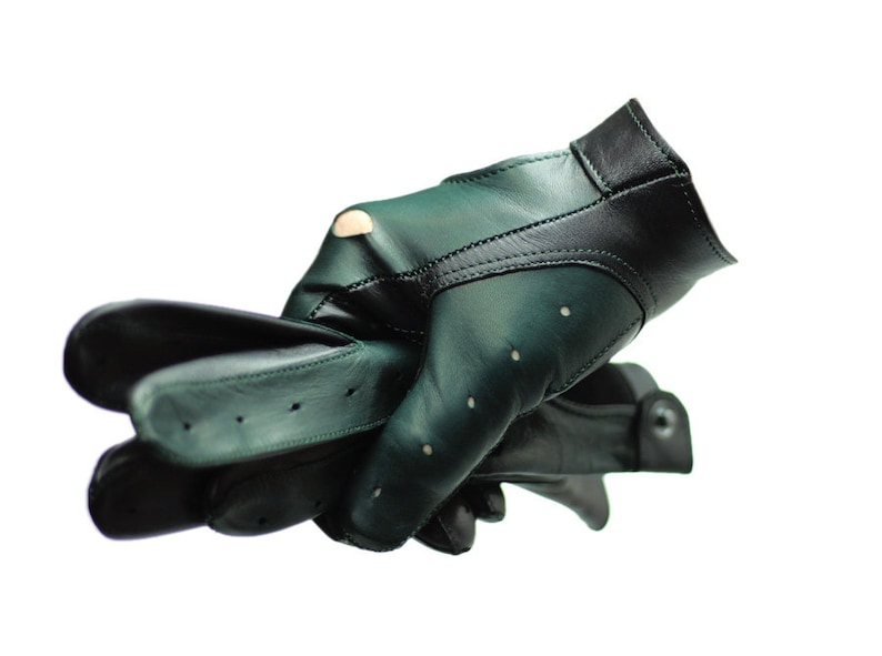 Men's car driving gloves, soft Italian nappa lamb leather, British Racing Green gloves, black and dark green gloves image 1