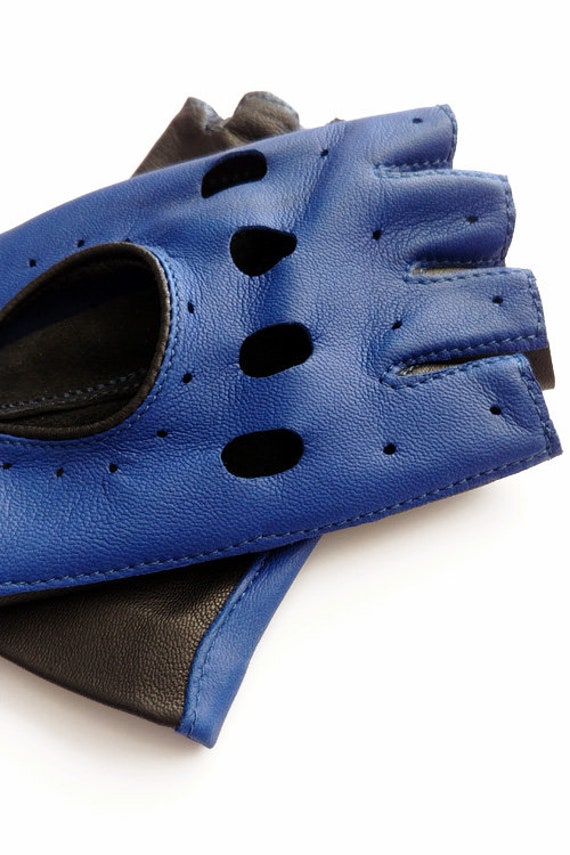 Black and Blue Fingerless Ladies Leather Gloves Driving Gloves Cycling Gloves Scooter Gloves blue Soft Nappa Leather Etsy UK