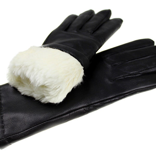 Super warm ladies leather gloves with rabbit fur lining - fine soft Italian leather - ladies winter gloves, warm and elegant