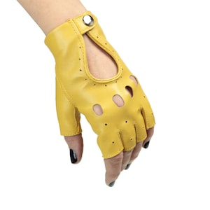 Yellow fingerless leather gloves, driving gloves, cycling gloves, scooter gloves