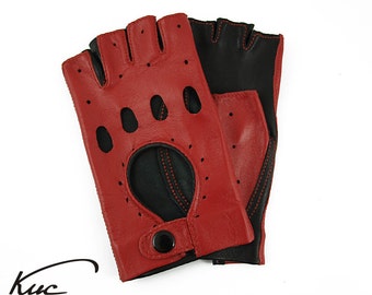 Fashionable black and red fingerless leather gloves, car driving gloves - Italian lambskin leather
