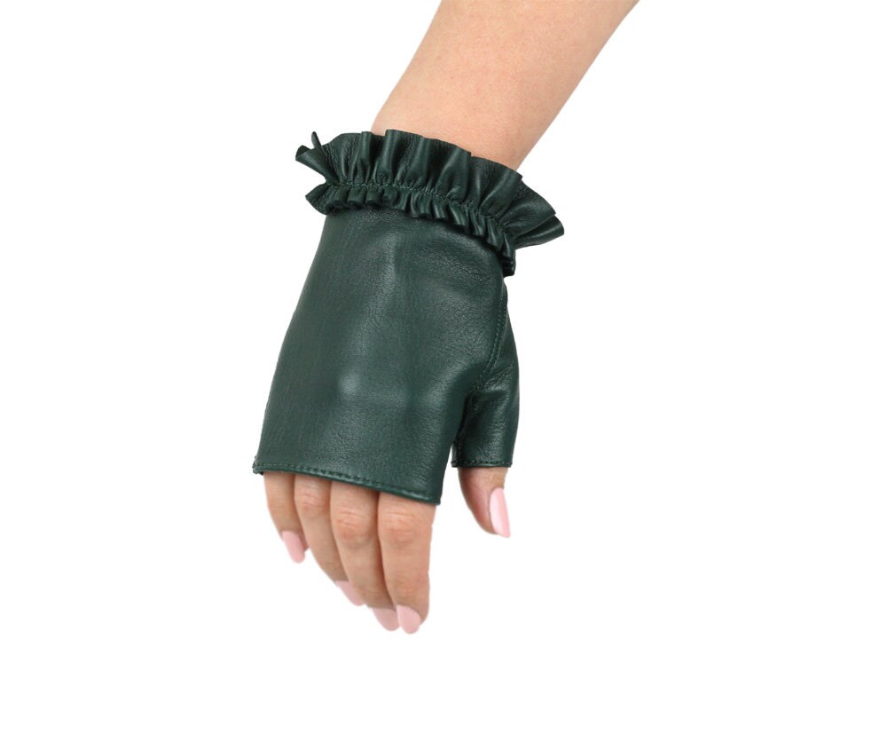 Amazing, stylish fingerless gloves, summer gloves, fingerless mittens, dark green soft nappa lamb leather