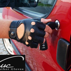 Black fingerless men's car driving gloves- natural nappa leather - lambskin