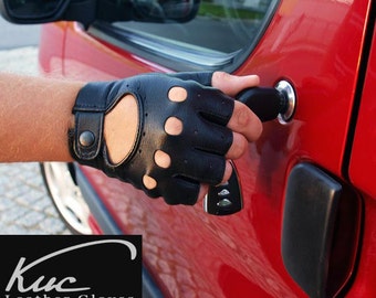 Black fingerless men's car driving gloves- natural nappa leather - lambskin