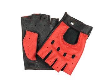 Superb fingerless leather gloves, car driving gloves, super soft deerskin leather, great gift - orange and black