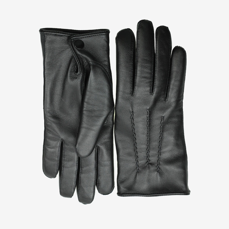 Gants en cuir doublés de cachemire pour hommes avec fermeture à bouton au poignet cuir d'agneau nappa italien doux, gants d'hiver chauds pour hommes, fabriqués en Europe image 2