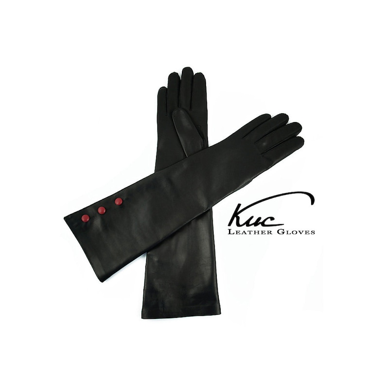 Beautiful long leather gloves, opera leather gloves with three red buttons soft italian nappa lamb leather image 3