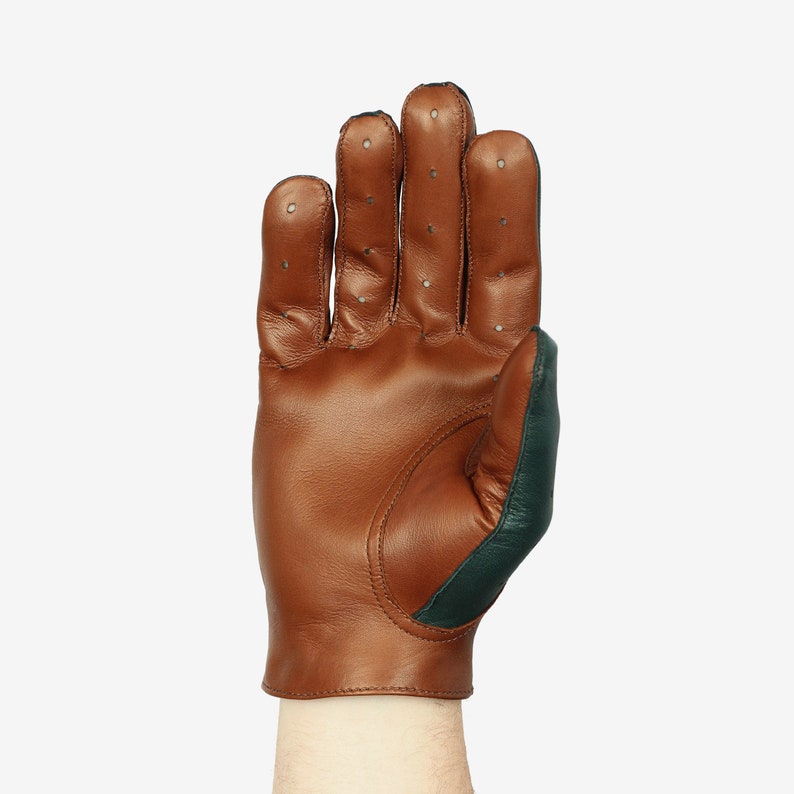 Men's car driving gloves, soft Italian nappa lamb leather, light brown with green color mix driving gloves image 3