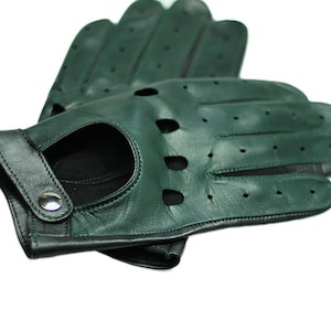Men's car driving gloves, soft Italian nappa lamb leather, British Racing Green gloves, black and dark green gloves image 4