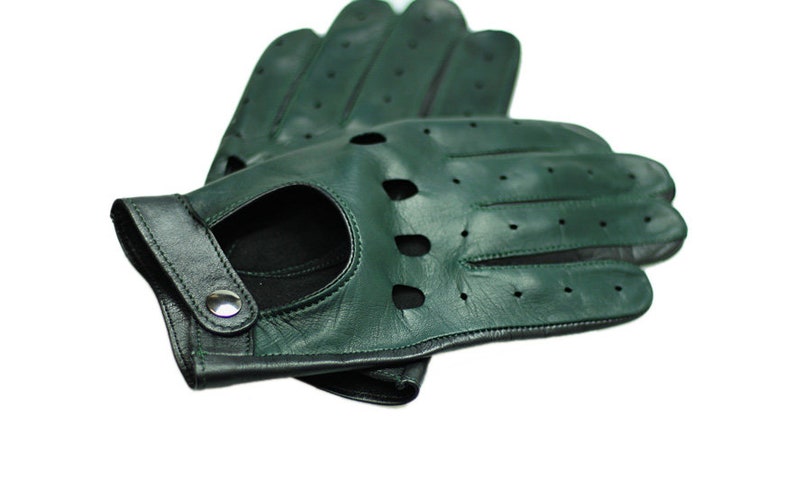 Men's car driving gloves, soft Italian nappa lamb leather, British Racing Green gloves, black and dark green gloves image 4