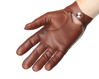 Mens unlined leather gloves - classic gloves with popper wrist fastener, officer gloves, very comfortable and elegant