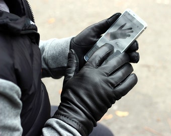 Heren touchscreen lederen handschoenen - fijn zacht Italiaans nappa lamsleer - warme heren winterhandschoenen, kasjmier gevoerde handschoenen.