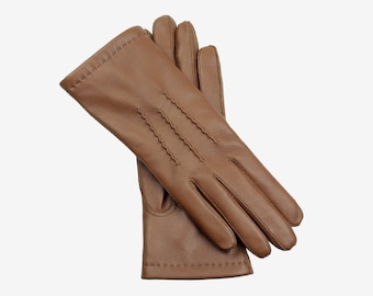 Gants en cuir marron pour femmes élégantes - cuir de cerf nordique fin doux et chaud - gants d’hiver chauds, gants doublés de cachemire.