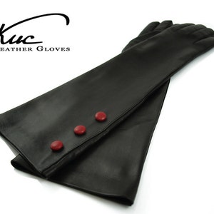 Beautiful long leather gloves, opera leather gloves with three red buttons soft italian nappa lamb leather image 2