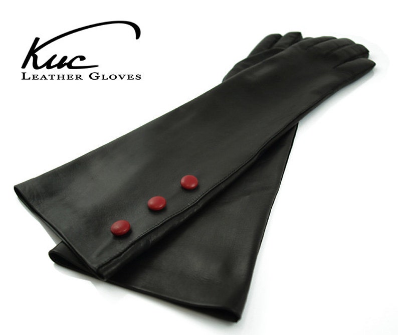 Beautiful long leather gloves, opera leather gloves with three red buttons soft italian nappa lamb leather image 2