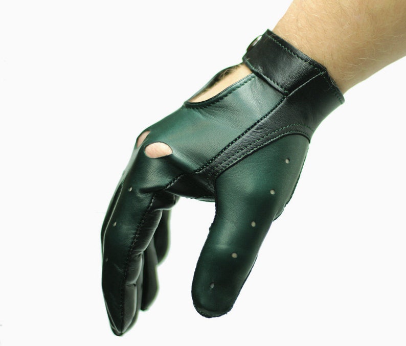 Men's car driving gloves, soft Italian nappa lamb leather, British Racing Green gloves, black and dark green gloves image 3