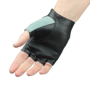 May include: Black leather fingerless gloves with a light green suede panel on the back of the hand.