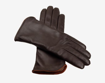 Guantes elegantes y con clase para mujer de color marrón chocolate - piel de cordero napa suave y tersa - cálidos guantes de invierno, guantes con forro de cachemira.