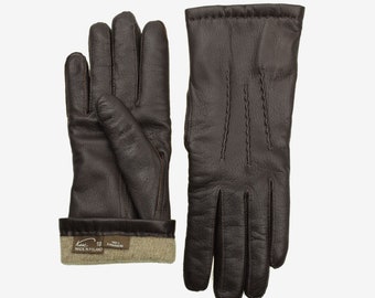 Cálidos guantes de piel de ciervo nórdico marrón para mujer, piel fina, suave y cálida, cálidos guantes de invierno, guantes forrados de cachemira.
