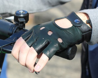 Fingerless leather gloves, soft Italian nappa lamb leather, British Racing Green gloves, black and dark green gloves