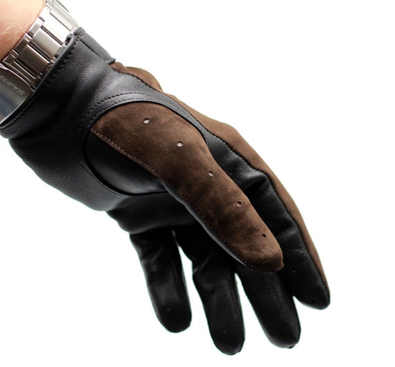 Guantes de conducción de coche, suave cuero de cordero nappa negro italiano  y ante marrón, guantes de terciopelo -  México