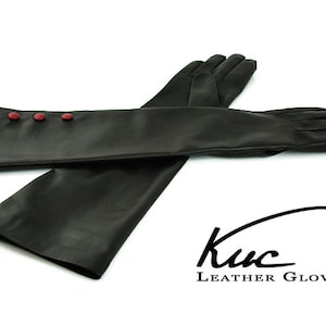 Beautiful long leather gloves, opera leather gloves with three red buttons soft italian nappa lamb leather image 1