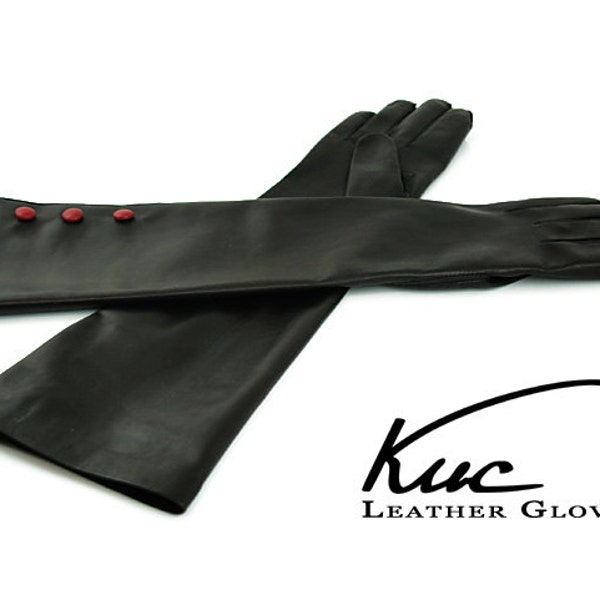 Beautiful long leather gloves, opera leather gloves with three red buttons - soft italian nappa lamb leather