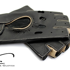 Fashionable fingerless leather gloves, cycling gloves, car driving gloves with colored elements - italian lambskin leather