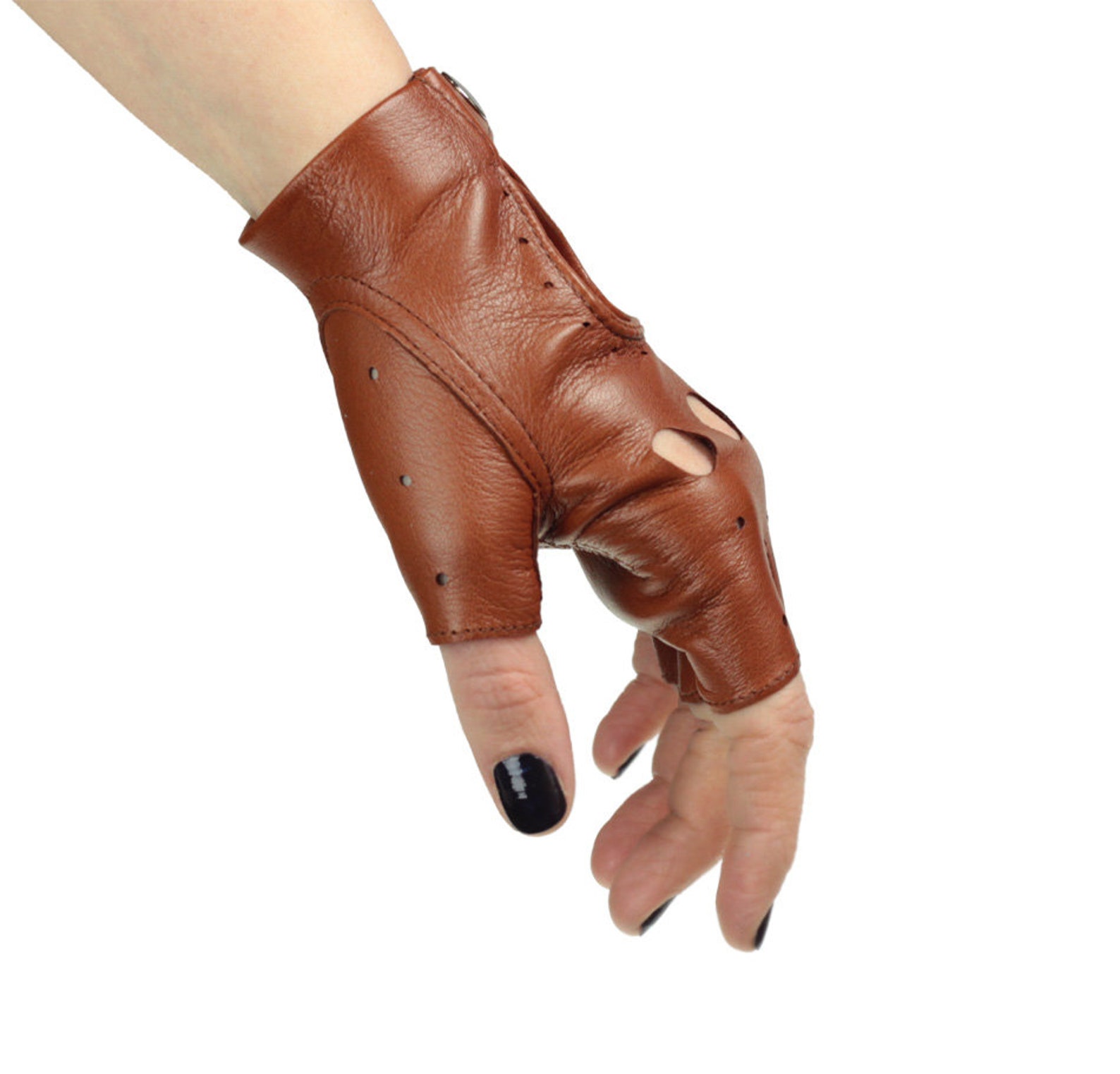 Fingerless Light Brown, Cognac Leather Gloves, Driving Gloves, Cycling