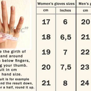 May include: A chart showing glove sizes in inches and centimeters for both men and women. The chart shows the corresponding size in inches and centimeters for each size. The chart also includes a diagram showing how to measure your hand for the correct glove size.