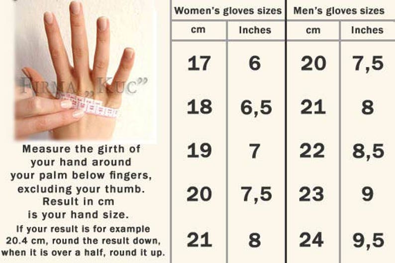 May include: A chart showing glove sizes in inches and centimeters for both men and women. The chart shows the corresponding size in inches and centimeters for each size. The chart also includes a diagram showing how to measure your hand for the correct glove size.