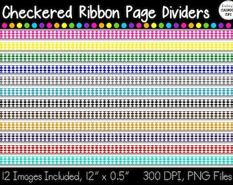 12 Colorful Checkered Ribbon Borders - Great Clipart for Scrapbooking!  300 dpi, PNG files