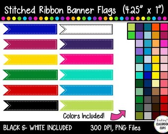 Stitched Banner Flag Clipart / Ribbon Journal Flag Tabs - 4.25" X 1"