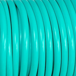 May include: Close-up of a coiled, turquoise-colored hose. The smooth, glossy surface reflects light, creating highlights and shadows. The hose is tightly wound, showcasing its cylindrical shape and flexibility.