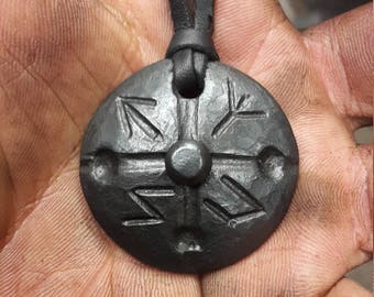 Hand Forged Warrior Shield Pendant: Runes, Elk Leather Thread
