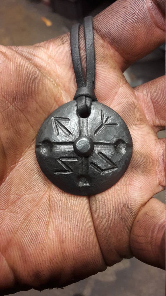 Hand Forged Warrior Shield Pendant: Runes, Elk Leather Thread