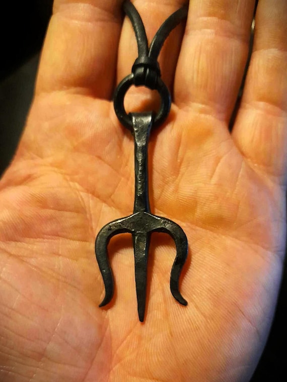 Hand Forged Trident / Trishula Pendant: Elk Leather Thread