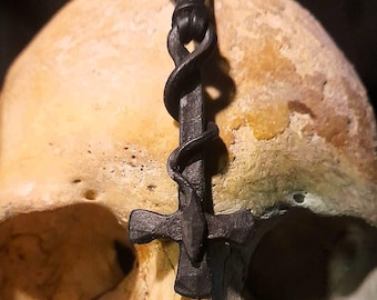 Hand forged Inverted Cross Pendant with Serpent | Symbol of Rebellion, Transformation & Forbidden Wisdom