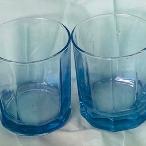 A Set of Two Light Blue Low Ball Glasses, Old Fashion Glasses. Whiskey Glasses