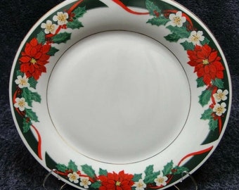 Vintage Noël Tienshan porcelaine fine Deck The Halls 8 assiettes à dîner. Poinsettias et bordure en ruban vert - Vendus séparément
