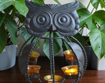 Portavelas de metal vintage con forma de búho