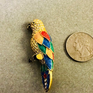 Incantevole spilla a forma di pappagallo color oro con smalto rosso, verde, giallo e blu