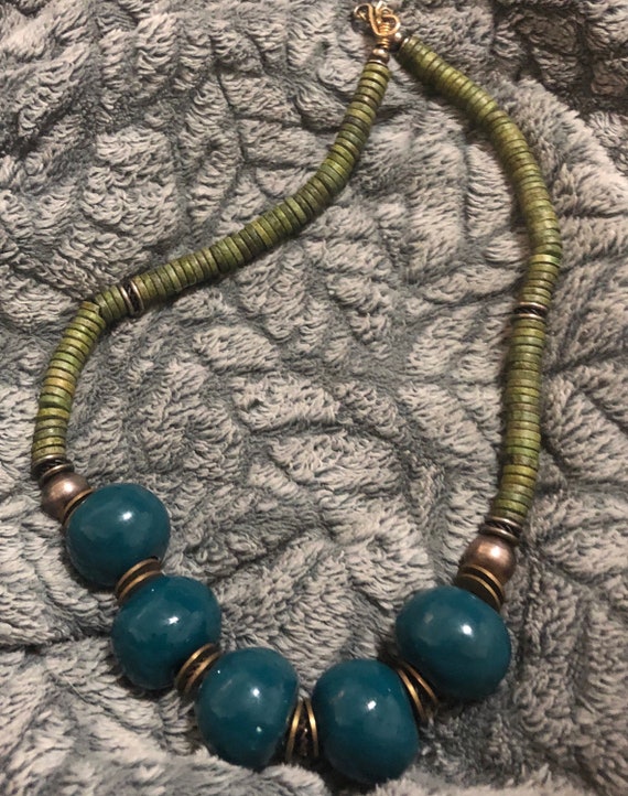 Vintage Green and Blue Bead Chunky Necklace - Free