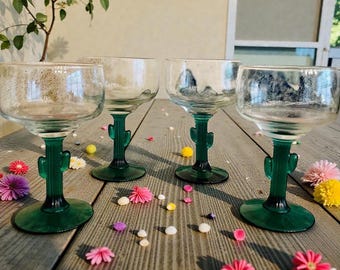 A Set of Two Margarita Glasses Goblets Juniper Green Cactus Stem Libbey Glass 12 oz Southwestern Barware Drinks Vintage - Two Sets Available