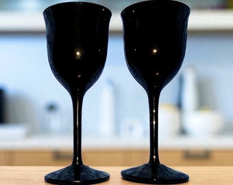 A Set of 2  Vintage Long Stem Black Amethyst Wine Goblets Wine Glasses -  4" Bowls and 6" Stems.