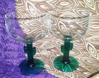 A Set of Two Margarita Glasses Goblets Juniper Green Cactus Stem Libbey Glass 12 oz Southwestern Barware Drinks Vintage